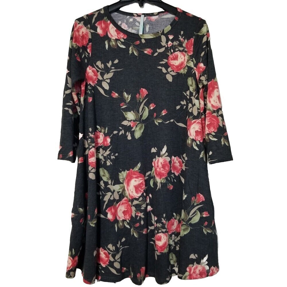 Bellamie Womens Dress Medium Floral Charcoal Gray Red Rose 3/4 Qtr Sleeve Fall